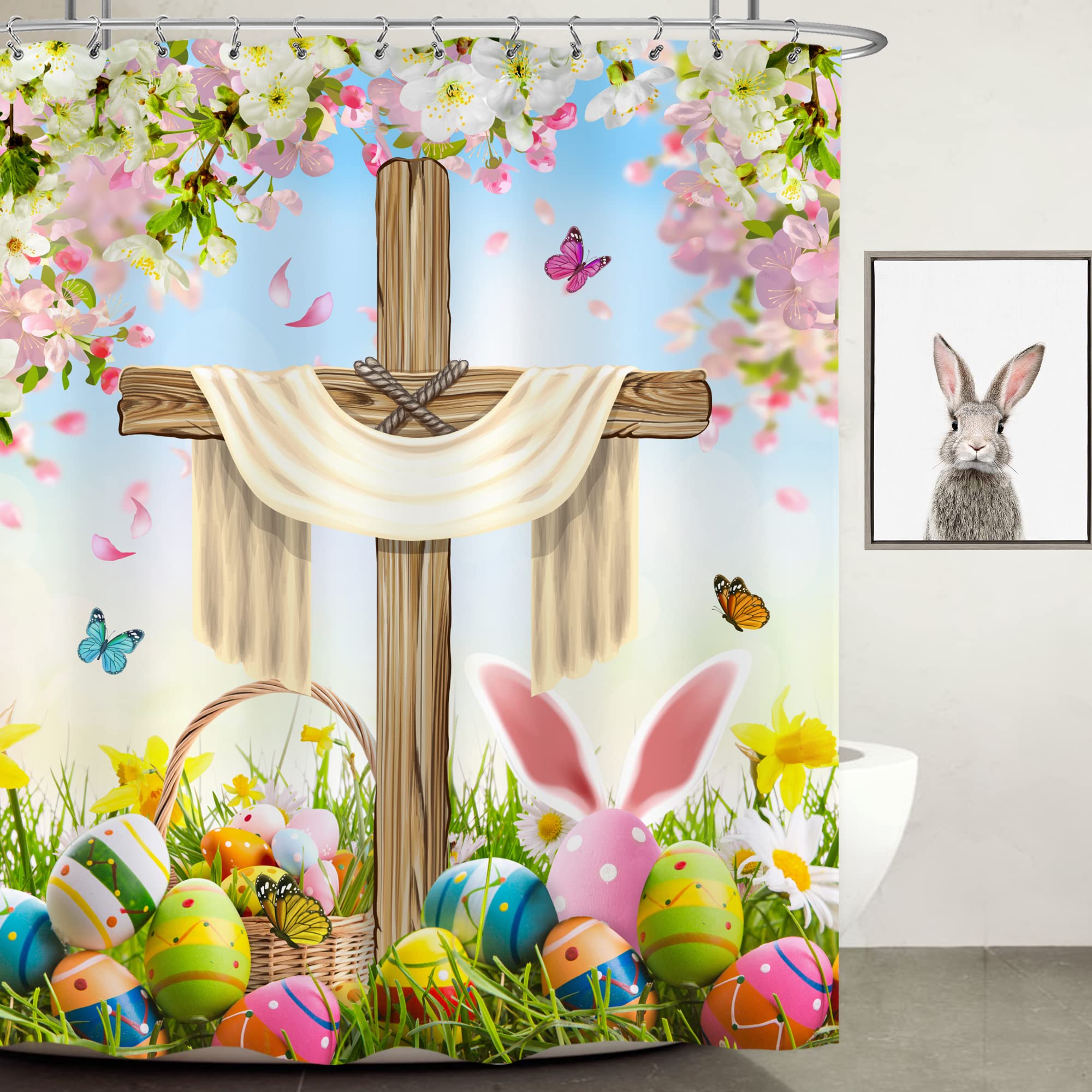 LIGHTINHOME Easter Shower Curtain 60Wx72H Inches Rustic The Cross Colorful Eggs Rabbit Spring Floral Butterfly Plant Scene Cloth Fabric Waterproof Polyester Bathroom Home Decor Set with Hooks