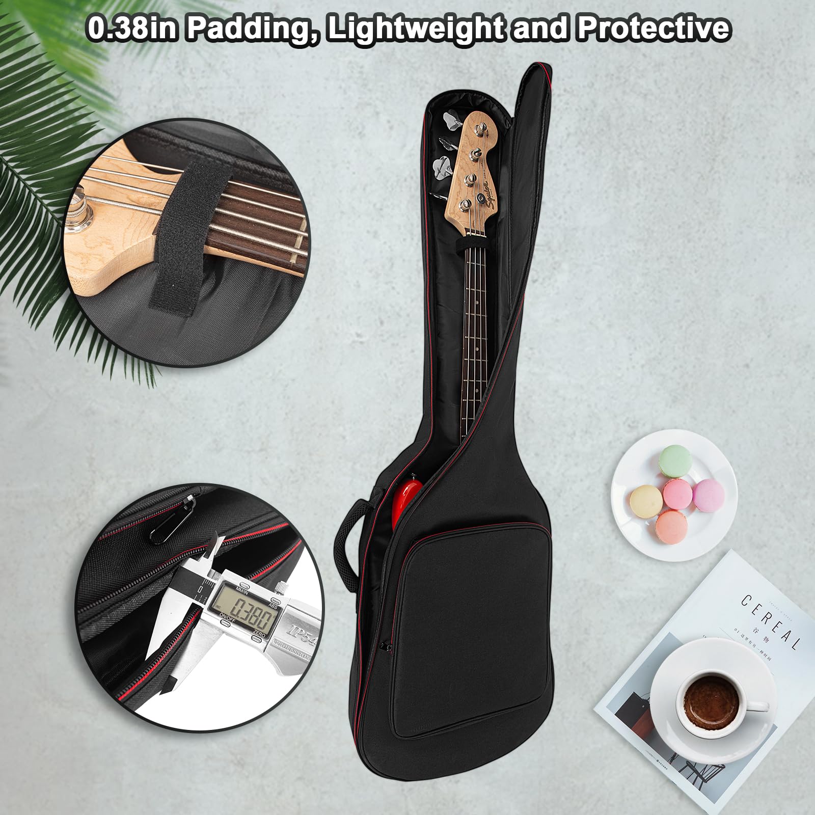 Sac à dos pour guitare basse avec rembourrage de 10 mm - Étanche - Avec sangle de protection du cou et bandoulière réglable - Noir, Noir , Bass Guitar Bag-Red Zipper