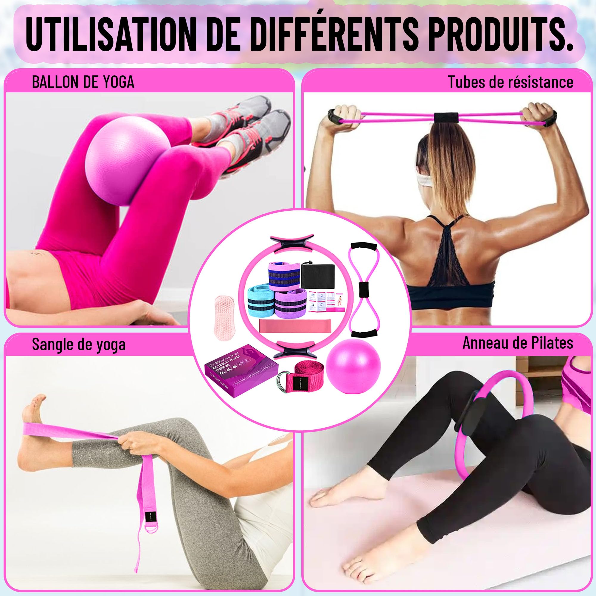kit Pilates Maison, Ensemble Pilates Yoga Anneau de Pilates, Ballon de Yoga, Bandes de Résistance, Sangle, Chaussettes, Accessoires Pilates Femme, Pilates Reformer pour Sport à la Maison.