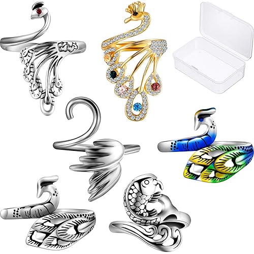 6 Pieces Adjustable Knitting Loop Ring Crochet Loop Knitting Accessories Yarn Guide Finger Holder Knitting Thimble Crochet Ring with Plastic Box for Knitting (Vintage Silver, Colorful)