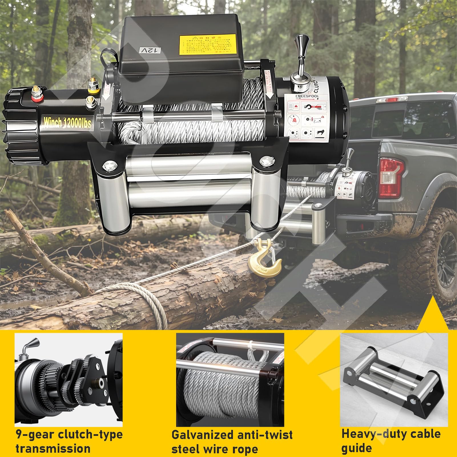 Wciągarka do ATV/UTV – wytrzymała wciągarka elektryczna 12 V / 24 V z obsługą bezprzewodowego pilota 12V-4000LBS