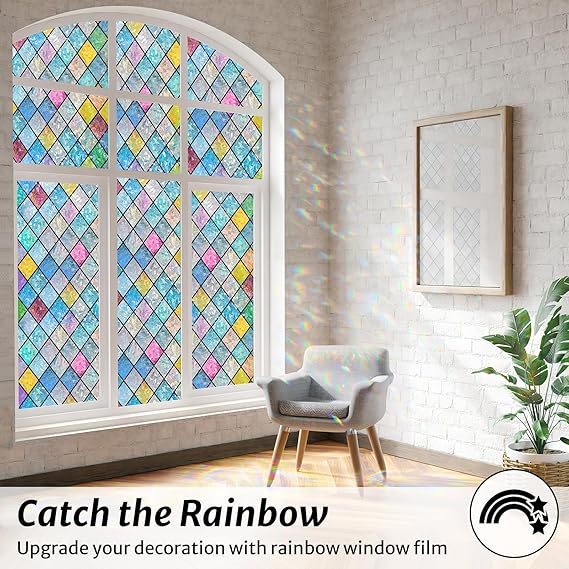 rabbitgoo Stained Glass Window Film Rainbow Film Decorative 3D Privacy Sticker Colorful Lattice Window Decals Cling, Sun Catcher Static Decals for Home 35.4157.4
