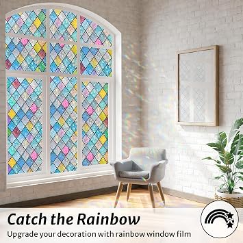 rabbitgoo Stained Glass Window Film Rainbow Film Decorative 3D Privacy Sticker Colorful Lattice Window Decals Cling, Sun Catcher Static Decals for Home 35.4157.4