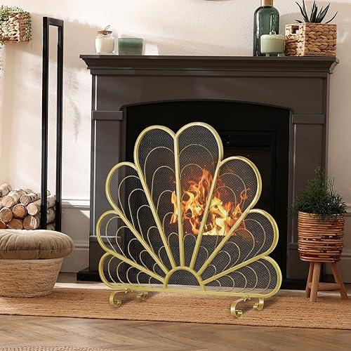 Miniatura 3 de MyGift Pantalla de chimenea de metal con forma de plumas de pavo real de 38 x 32 pulgadas en forma de plumas de pavo real en patas curvas elevadas,