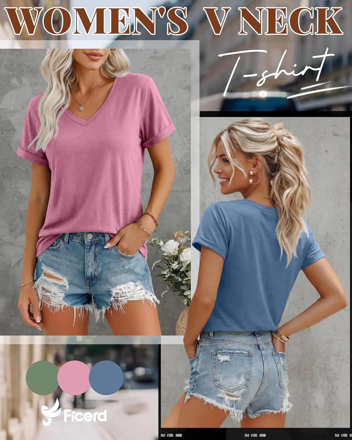 Ficerd 3 Pack Women's V Neck T Shirts, Summer Casual Short Sleeve Tops Loose Fit Rolled Sleeve Tees Trendy Shirts - Image 2