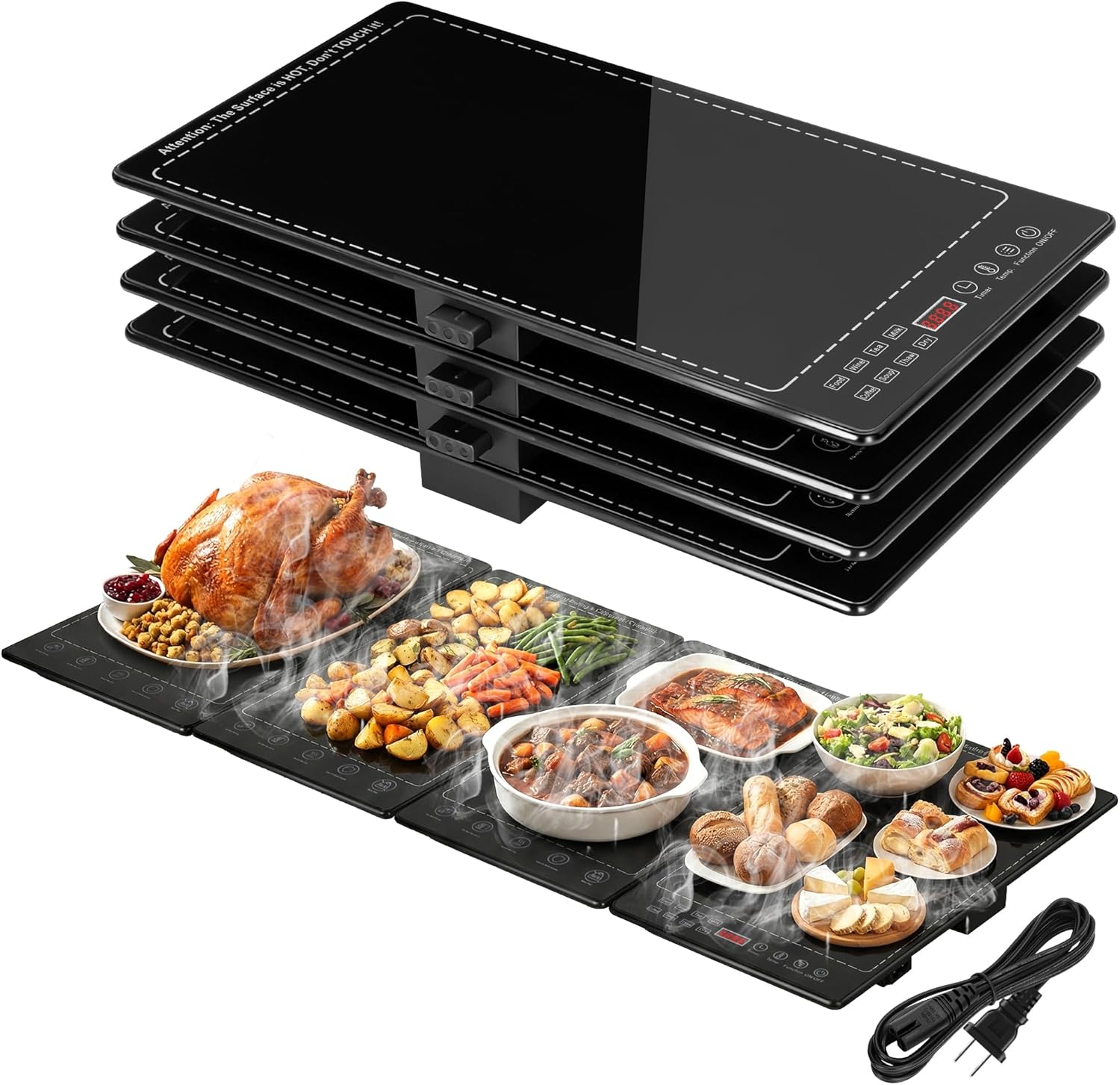 Electric Warming Tray, 33”x15” 4-in-1 Modular Buffet Warmer with 10 Temp Settings & Timer, Large Chafing Dish for Parties & Catering