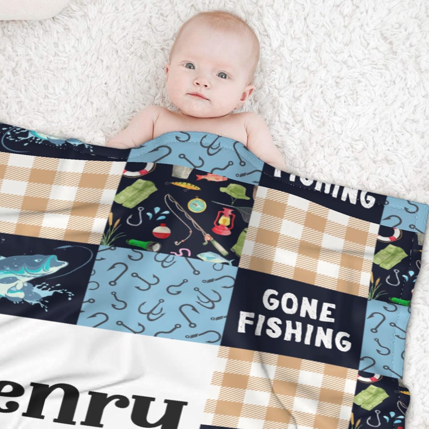 Personalized Gone Fishing Baby Blanket with Name for Girl Boy Fishing Lover,Customized Fishing Blanket for Kid Infant Toddler,Soft Plush Baby Newborn Registry Gift Room Decor 60''x80''for Adult