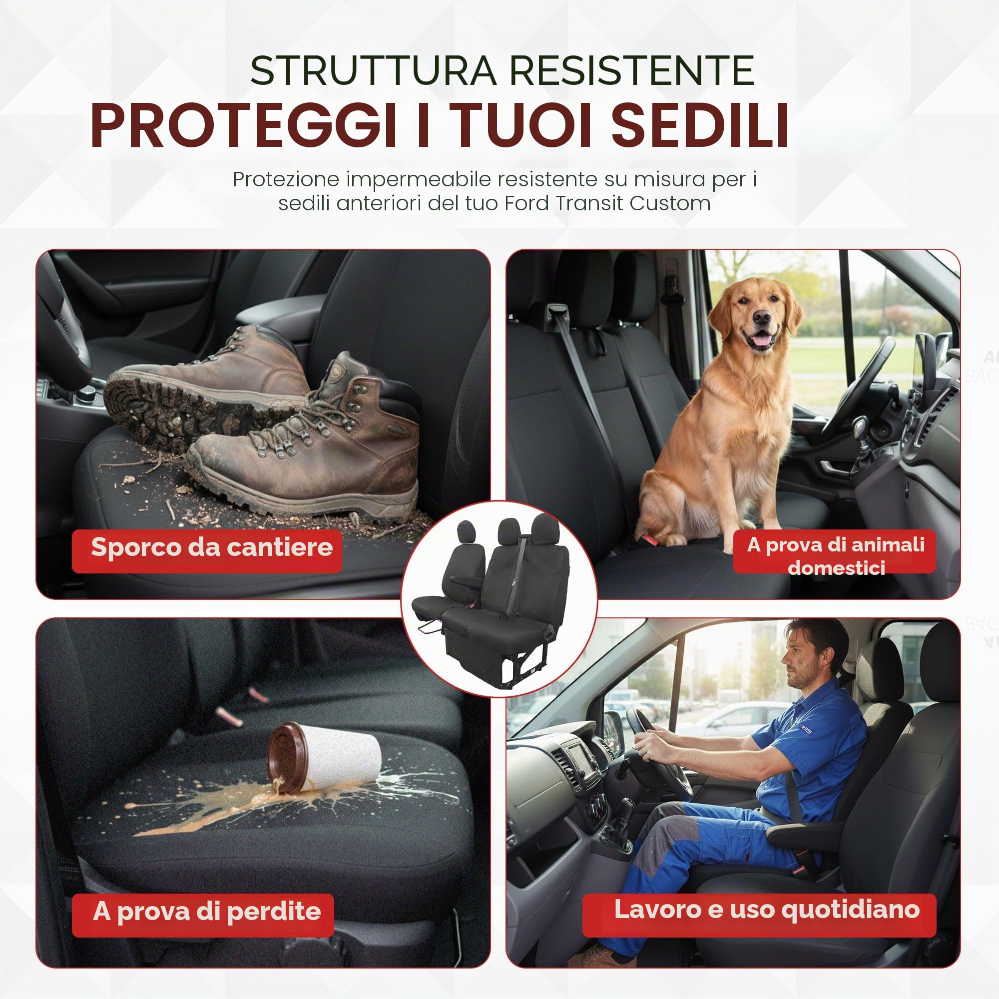 Coprisedili per Ford Transit Custom dal 2024, su misura per guidatore e passeggero doppio, impermeabili, resistenti e durevoli, facilmente montabili