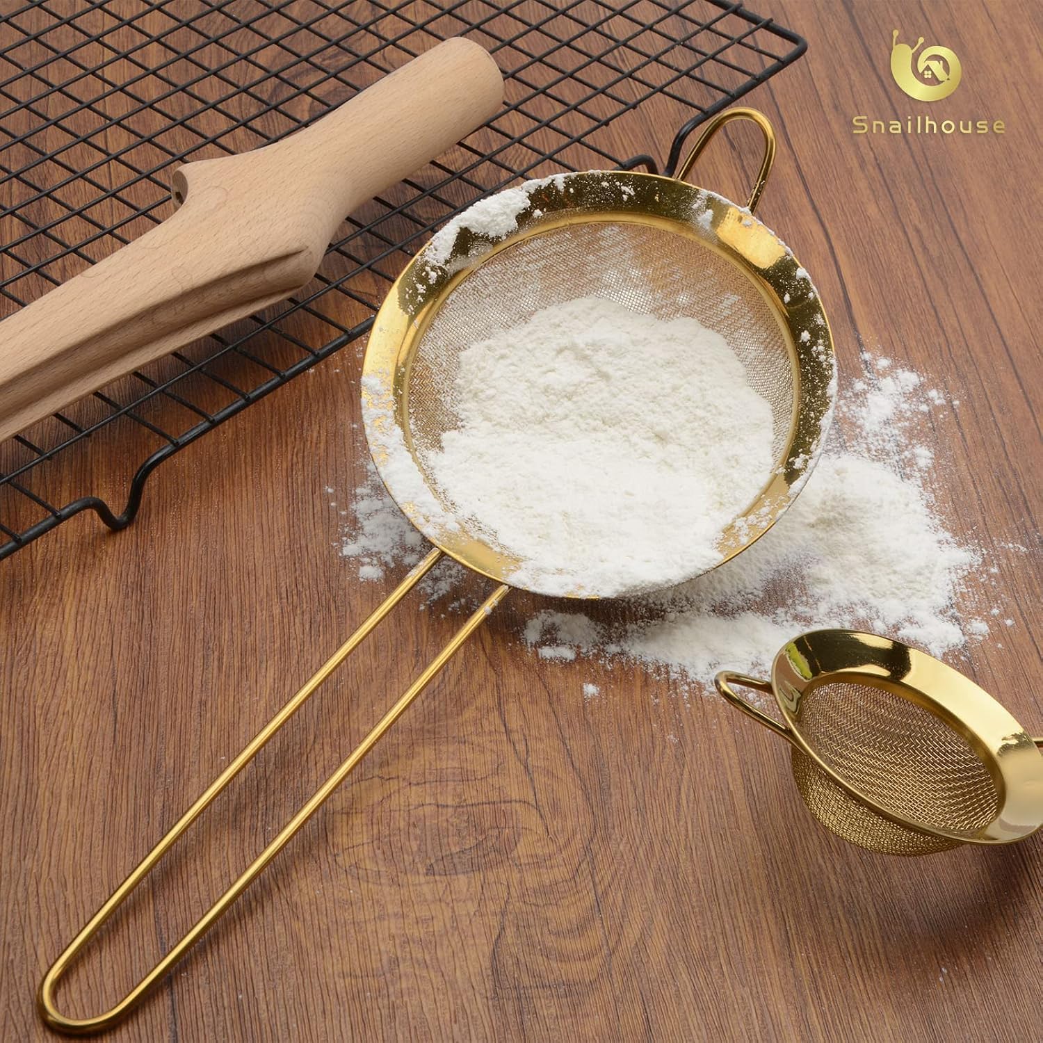Snailhouse Strainers, 3 Pack Stainless Steel Fine Mesh Flour Pasta Kitchen Food Metal Sifter Sieve with Long Handle for Baking, Gold