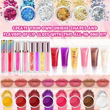 Lip Gloss Making Kit- DIY Lip Gloss Set for Women, Make Your Own Lip Gloss with Moisturizing Lip Gloss Base, Pigments, Glitter, Jojoba Oil, Fun Lipstick Making Kit Gifts for Women Makeup Lover