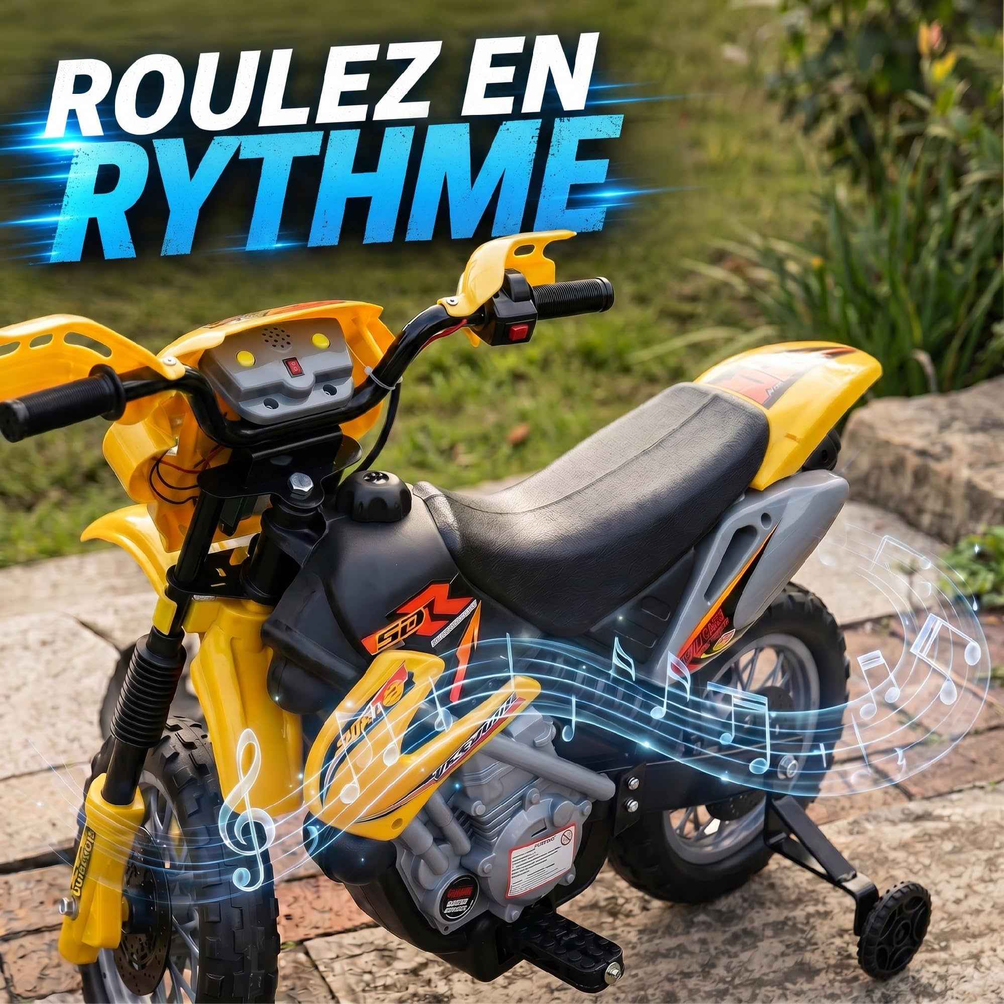 HOMCOM Elektrisches Cross-Motorrad Kind 3 bis 6 Jahre 6 V Scheinwerfer Hupe Musik 102 x 53 x 66 cm Gelb und Schwarz