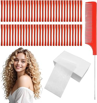 160PCS Perm Kit with 60 Perming Rods,Rat Tail Comb Red,100 Perm Papers,Suitable for Hairdressing Styling Supplies for Long and Short Hair or DIY,Red