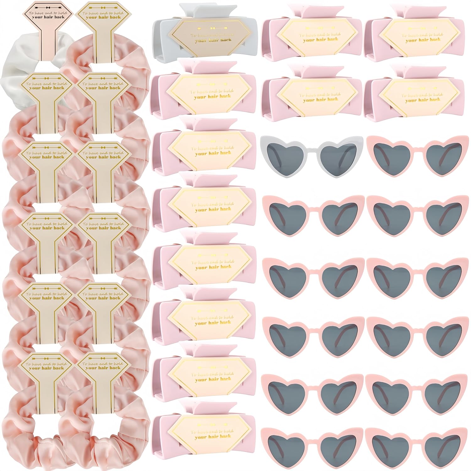 Bridesmaid Proposal Gifts Hair Claws Clips & Scrunchies, 36pcs (White & Pink)