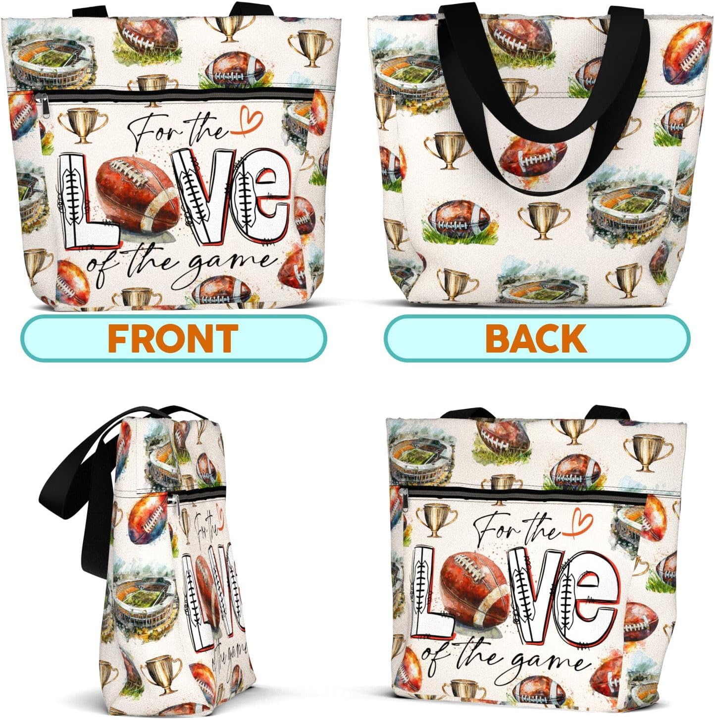 84hoods Waterproof Tote Bag with Pockets and Zipper for Work. Shoulder Bag for Women. Gift for Football Player Lover Fan. - Image 6
