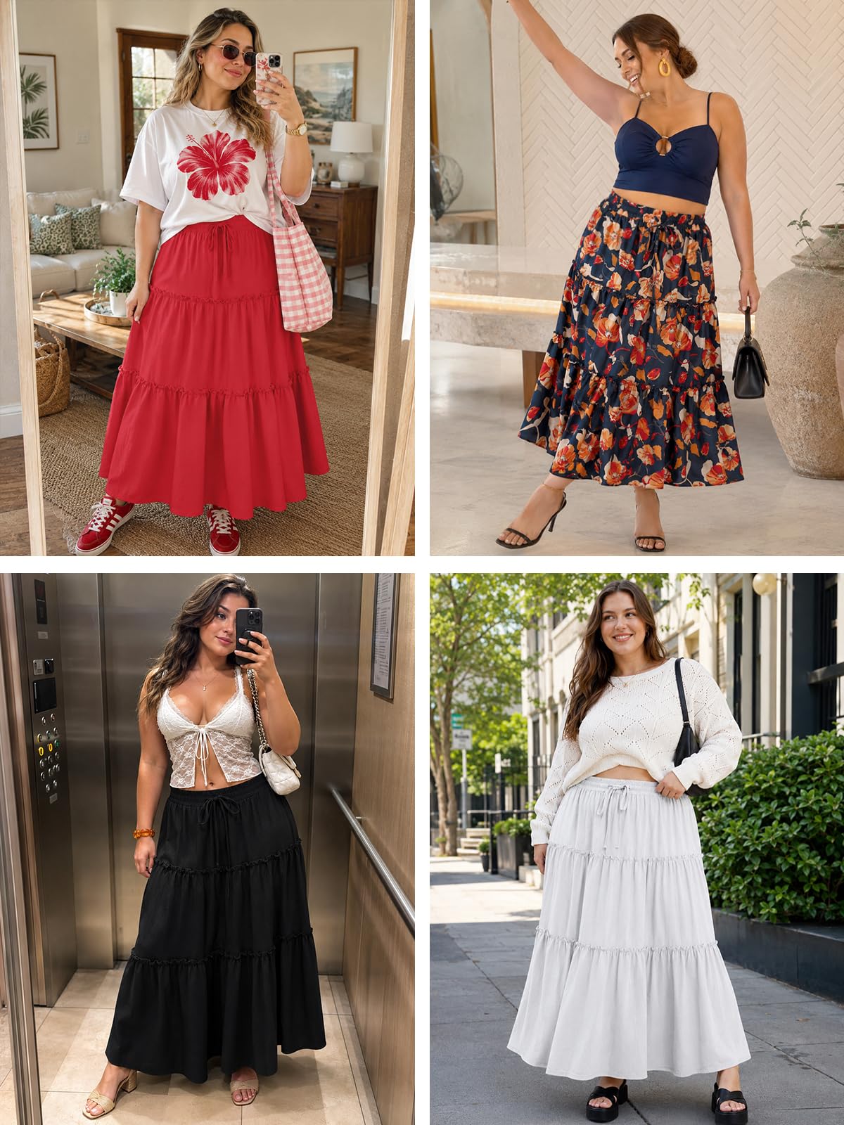 Moon Wood Jupe Longue Femme Ete Elastique Taille Haute Jupe Plissée avec Poches A-Ligne Maxi Skirt de Plage Grande Taille
