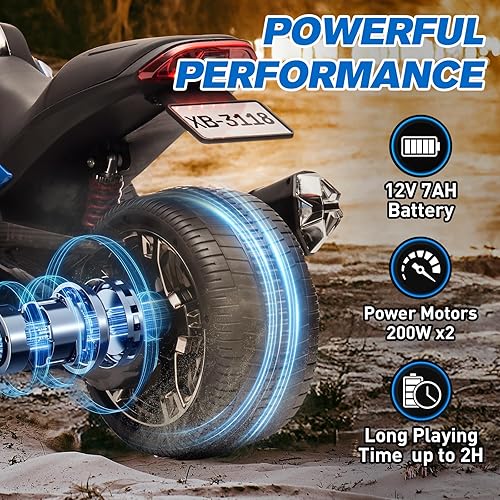 Miniatura 7 de Motocicleta eléctrica para niños de 12 V, rueda eléctrica de 3 ruedas, con luces LED, neumáticos EVA, velocidad alta y baja, bocina, música, azul