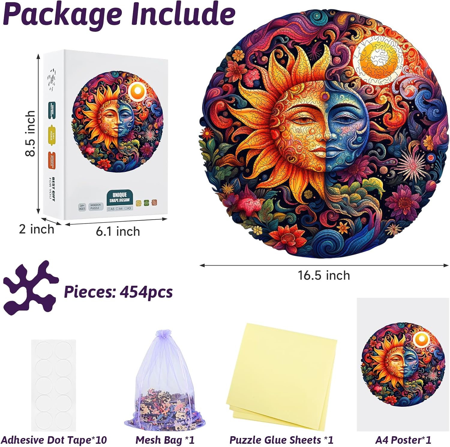 Sun Moon Mandala Wooden Puzzle - 454pcs Unique Wood Animal Shaped Puzzle, Colorful Round Jigsaw for Adults, Wooden Puzzles Family Game Home Decor