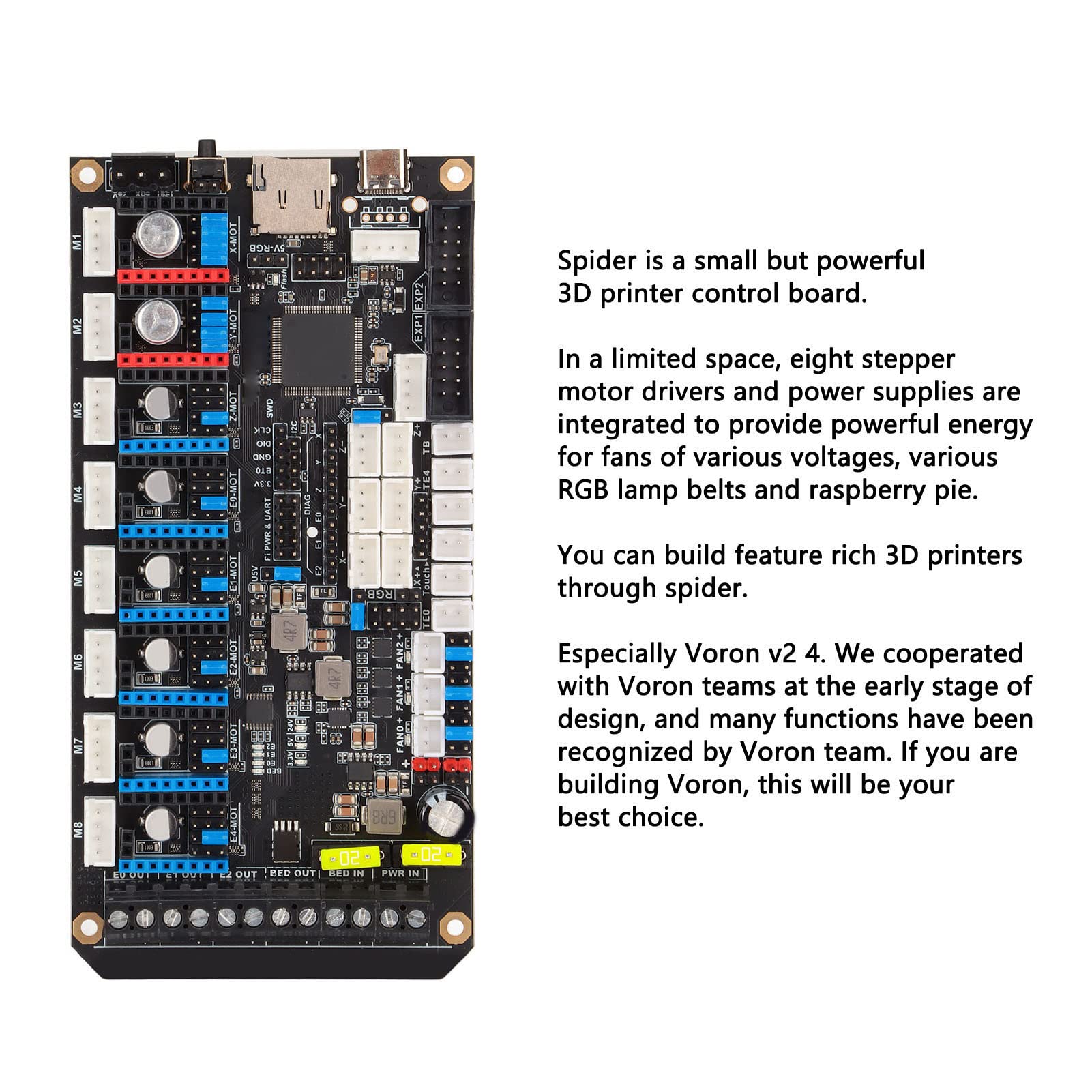 3D-Drucker-Motherboard, 3D-Drucker-Steuerplatine Integriertes TMC2209-Kit Spider V2.2-Motherboard 8 PWM-Lüfter Uart SPI 3D-Druckerteil für VORON 2.4/Switchwire 8
