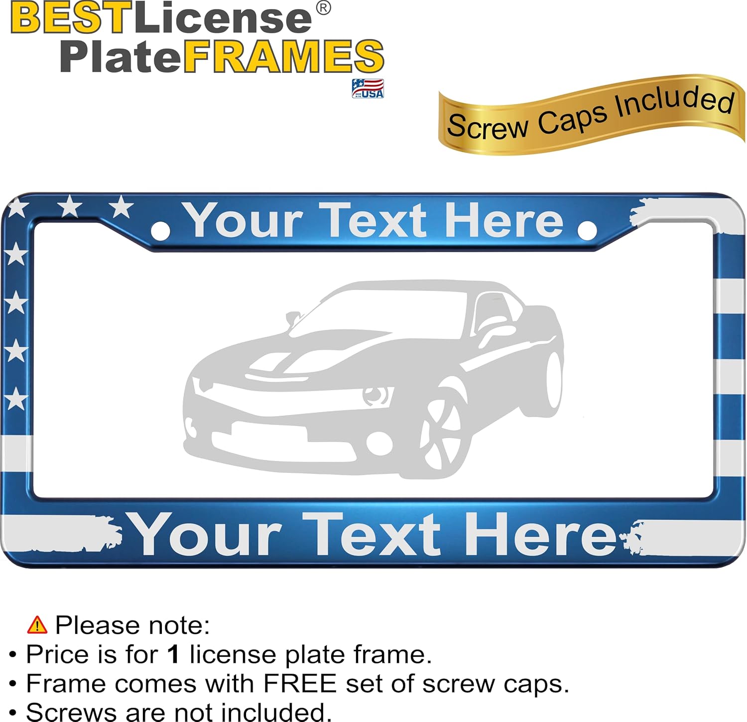 Personalized with Custom Text Design - Patriotic American Flag Anodized Aluminum Standard Size - CAR/Automobile License Plate Frame with Free caps - Blue (Qty: 1 Frame)