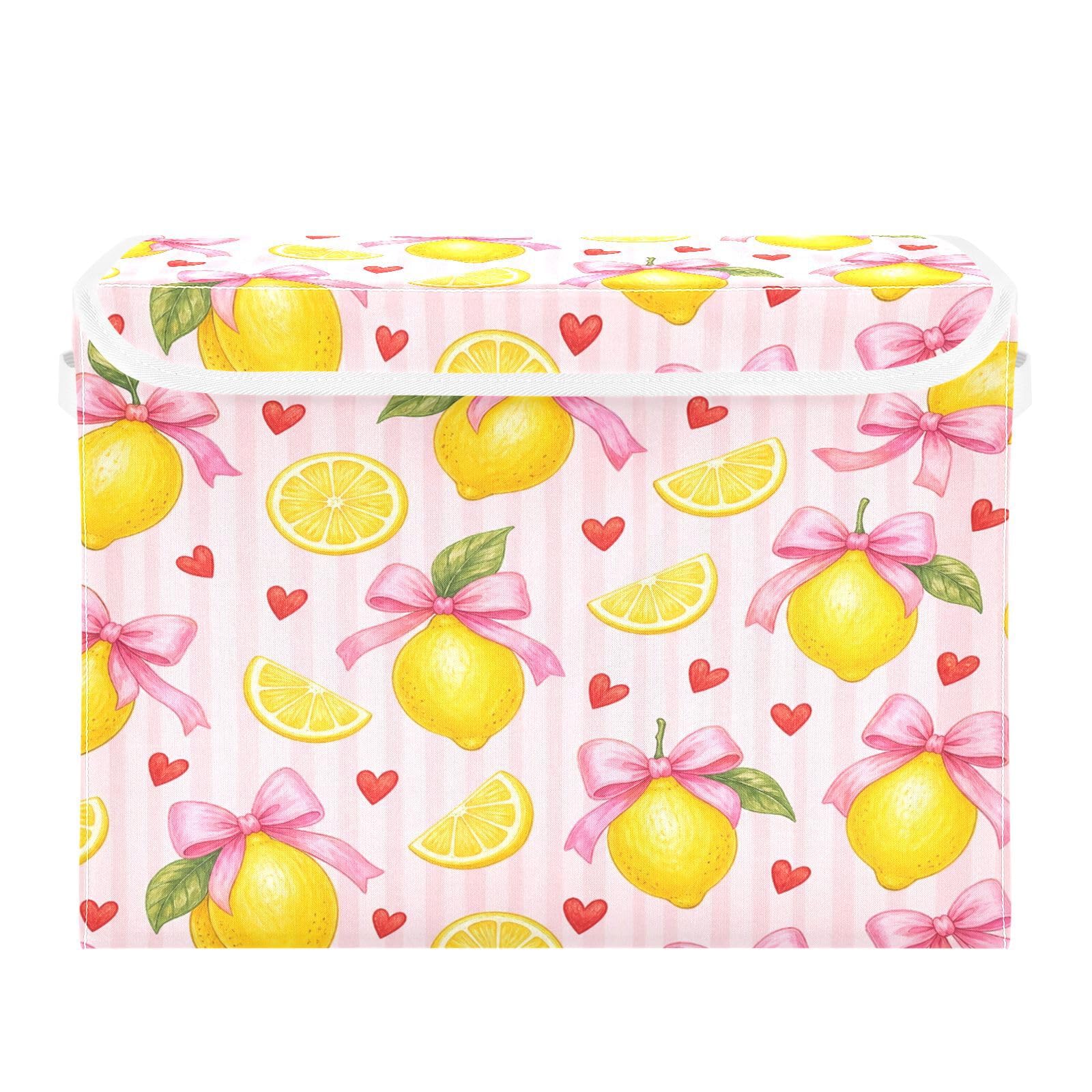 Ewusp Lemon Fabric Storage Bin with Lid, Decorative Foldable Storage Basket with Handles, Stackable Closet Shelf Organiser Box for Clothes, Books, Bedroom, Living Room