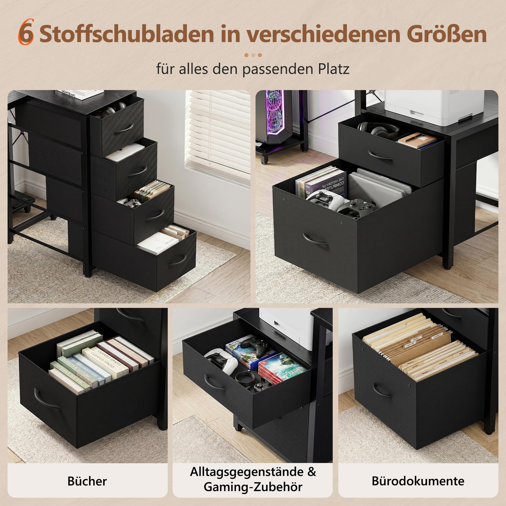 YOUDENOVA Schreibtisch L Form mit Schubladen, 150x80cm Eckschreibtisch mit LED & Steckdose & USB, Reversibel Gaming Tisch mit Monitorständer, Stauraum, Computertisch für Homeoffice & Gaming, Schwarz