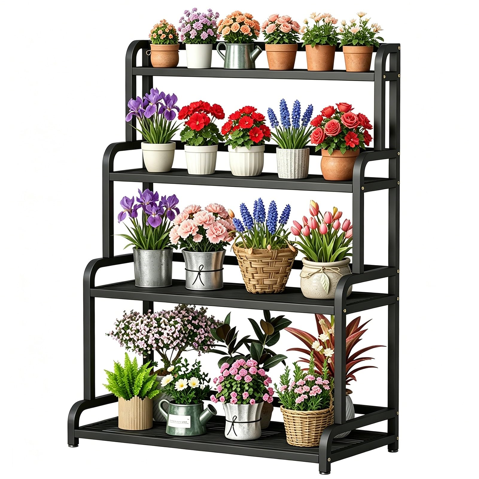 DMCHENGMA Plant Stand Indoor Outdoor, 4 Tier Tall Flower Pots Black Metal Flowers Holder Shelf, Wrought Iron Ladder Tiered Planter Rack(80x50x135cm)