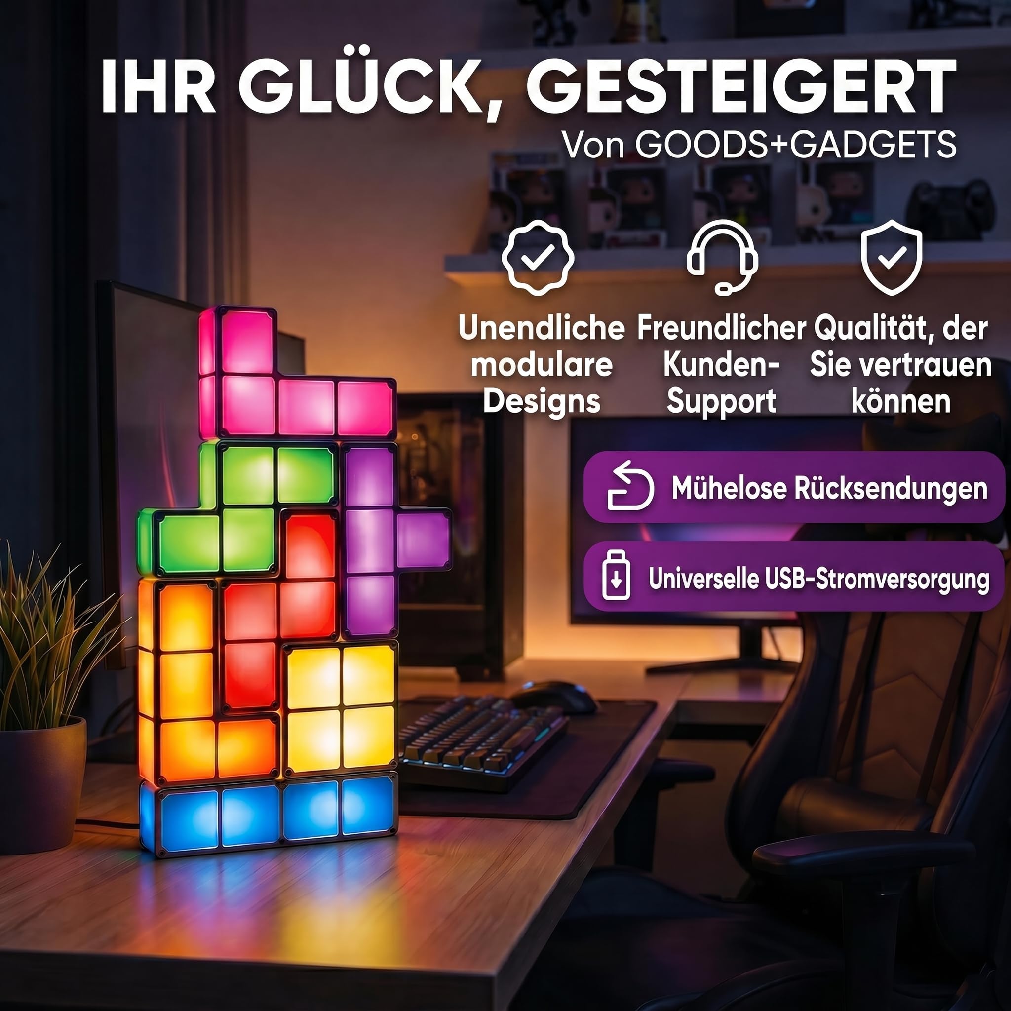 GOODS+GADGETS Tetris Lampe Stapelbare LED Tischleuchte Stimmungslicht Retro Tetrislampe Leuchte Bausteine