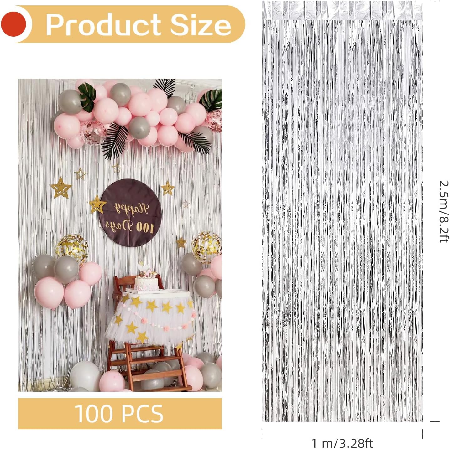 100 Pack Silver Foil Fringe Backdrop Curtains 3.2ft x 8.2ft Silver Tinsel Foil Fringe Curtains for Birthday Party Decorations Photo Booth Backdrop for Halloween Christmas New Year Holiday Decorations