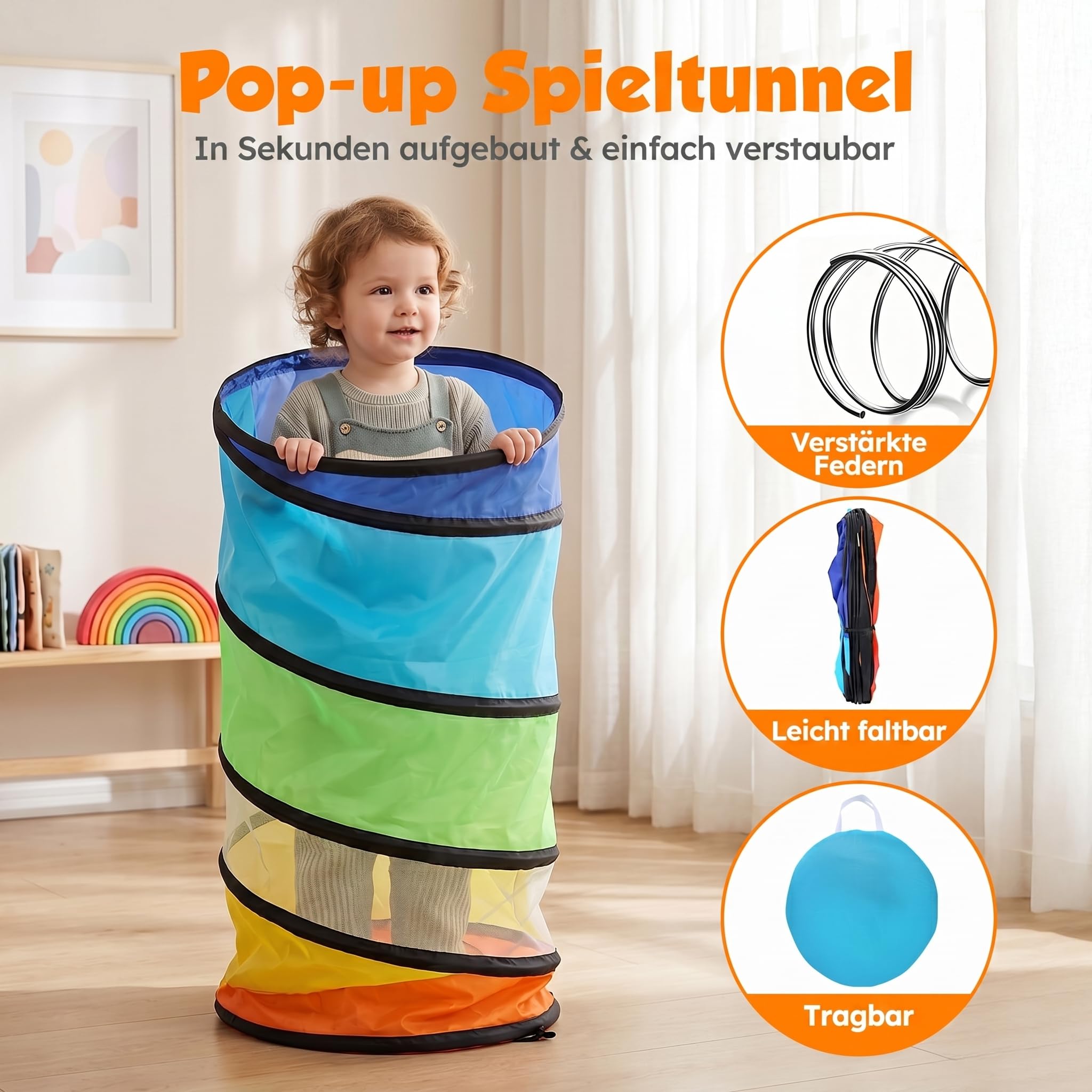 Wilwolfer Tunnel für Kinder - Spielzelt für Draußen mit Mesh-Seiten - 180cm Tunnel für Kinder motorische Fähigkeiten Baby-Krabbel-Spielzeug Klappbares Pop-up-Spielzeuggeschenk für Tiere (Regenbogen)