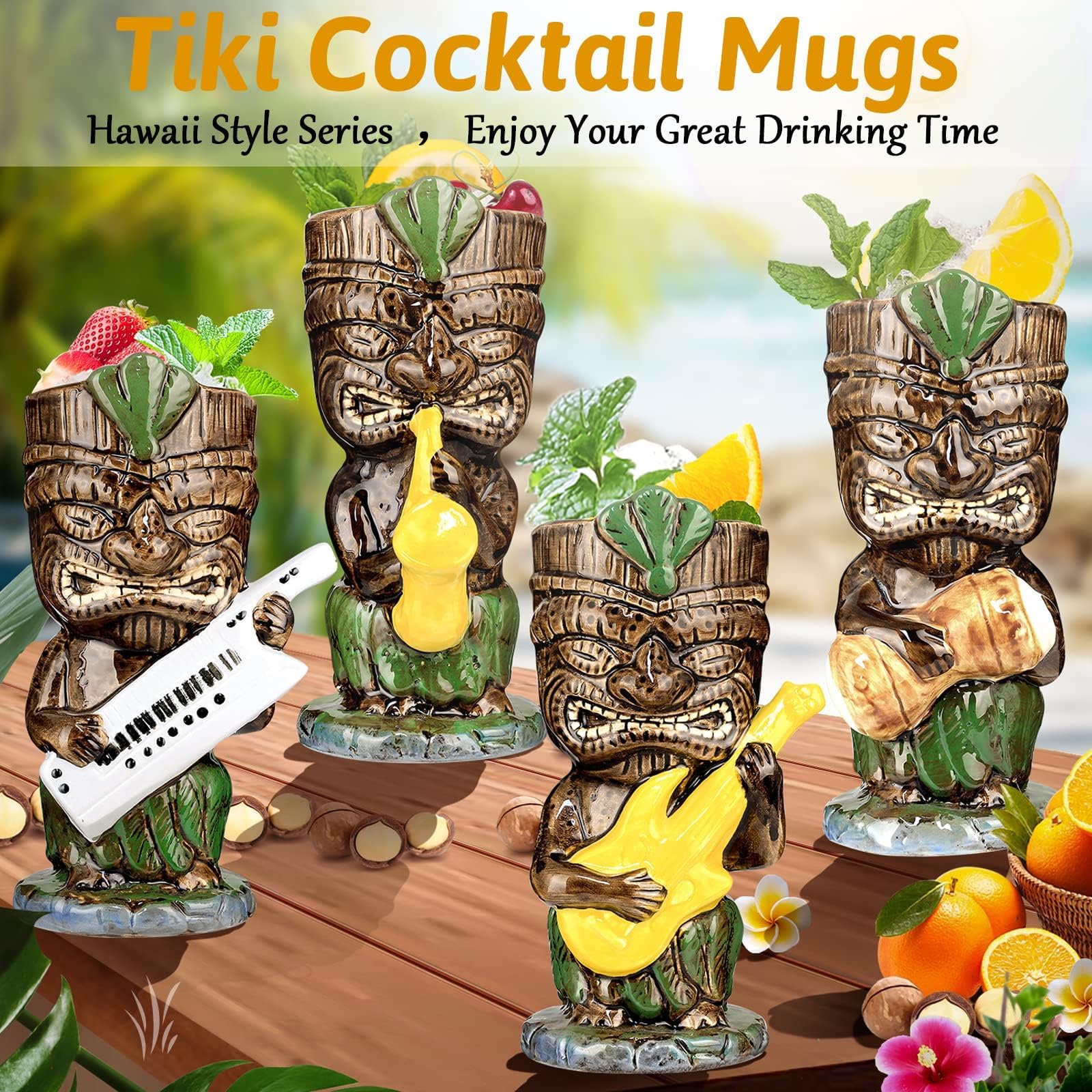 Lot de 4 tasses Tiki en céramique pour cocktails, 370 ml