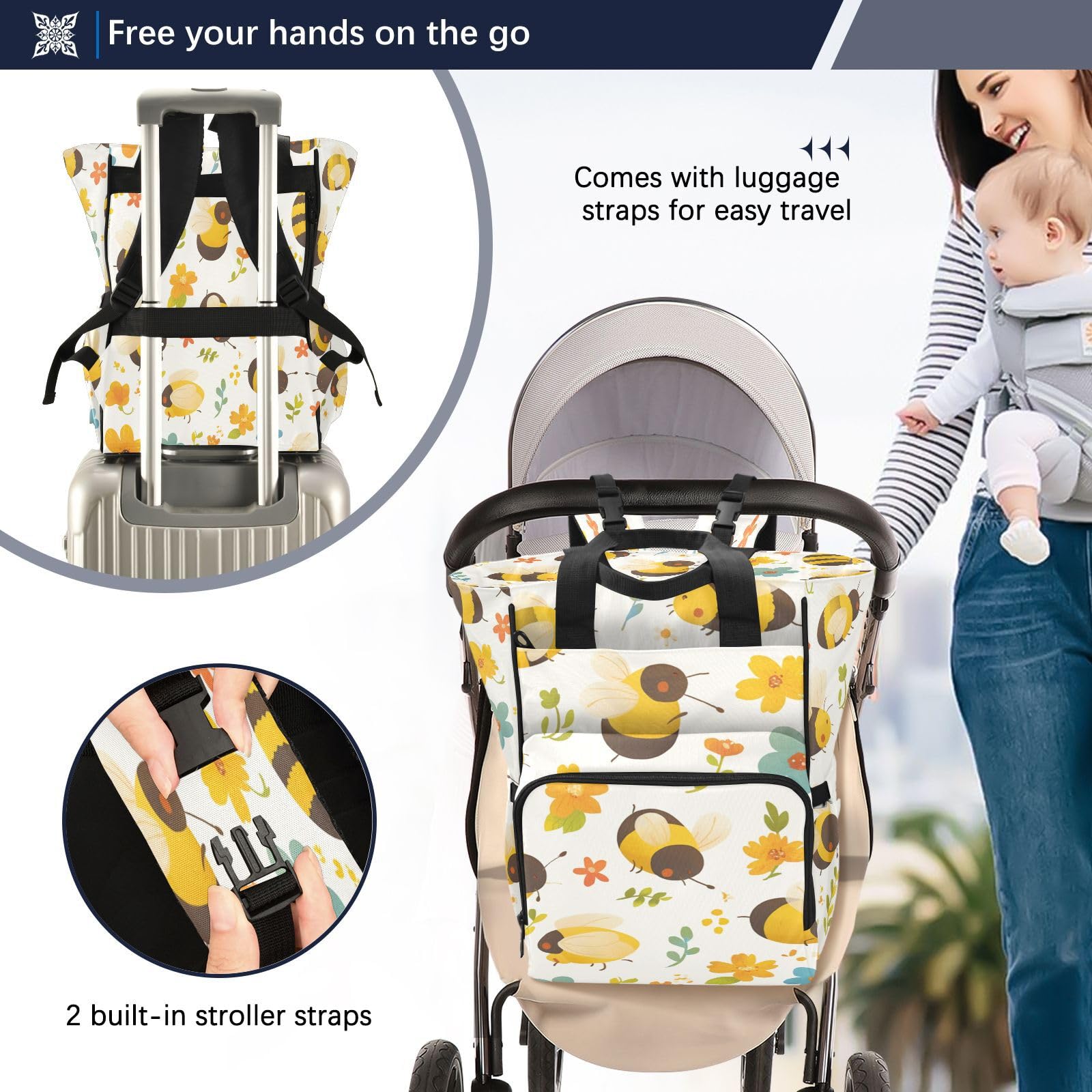 Lindas Abejas Flores Mochilas de Pañales para Gran Capacidad Pañal Bolso Mochila para Viajar al Aire Libre Mamá y Papá