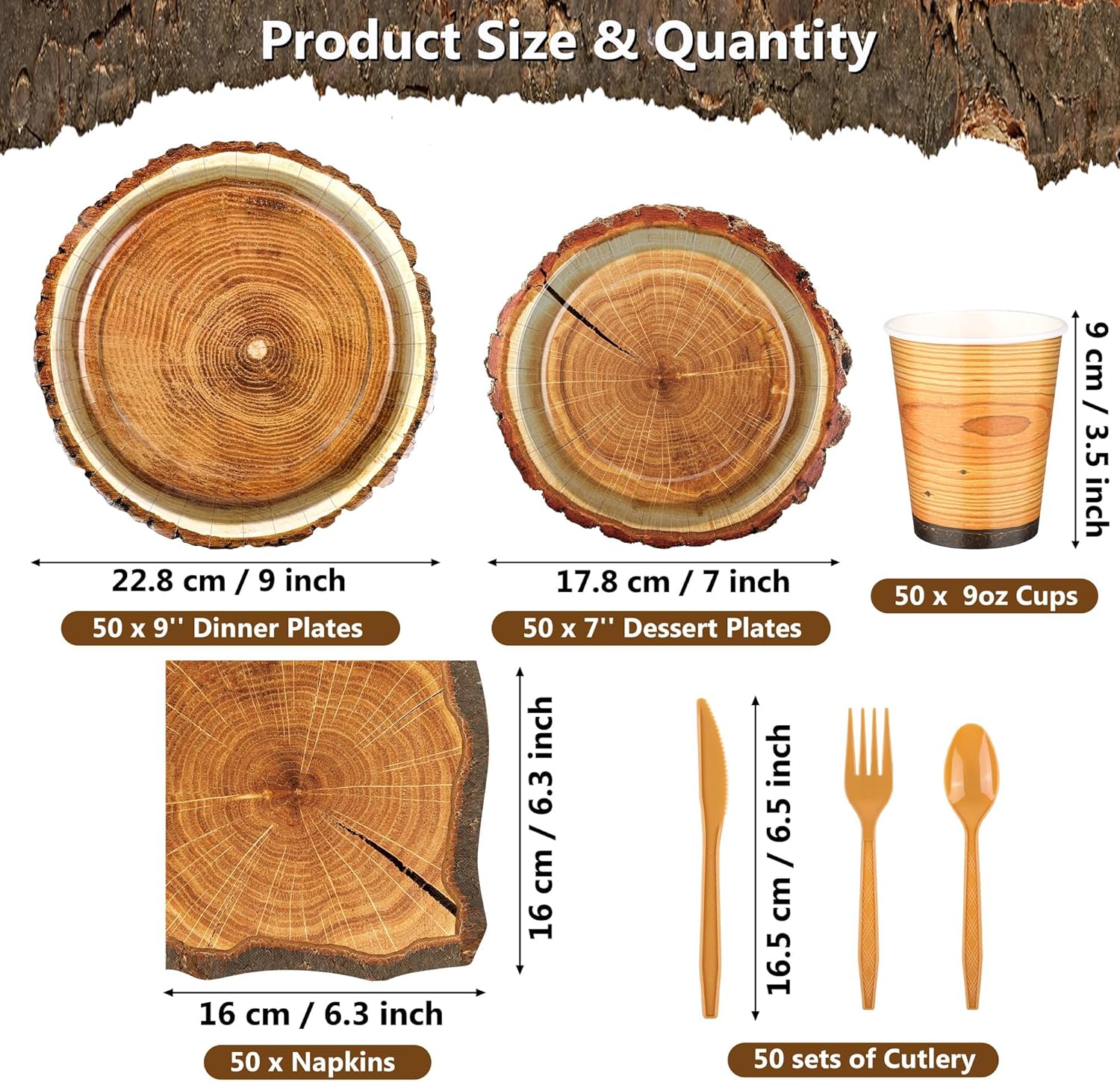 Kochorie 350 PCS Camping Wood Grain Slice Tableware Set Rustic Camping Plates Napkins Cups Cutlery Hunting Birthday Party Decorations Lumberjack Dinner Camping Party Decorations Serve 50 Guests