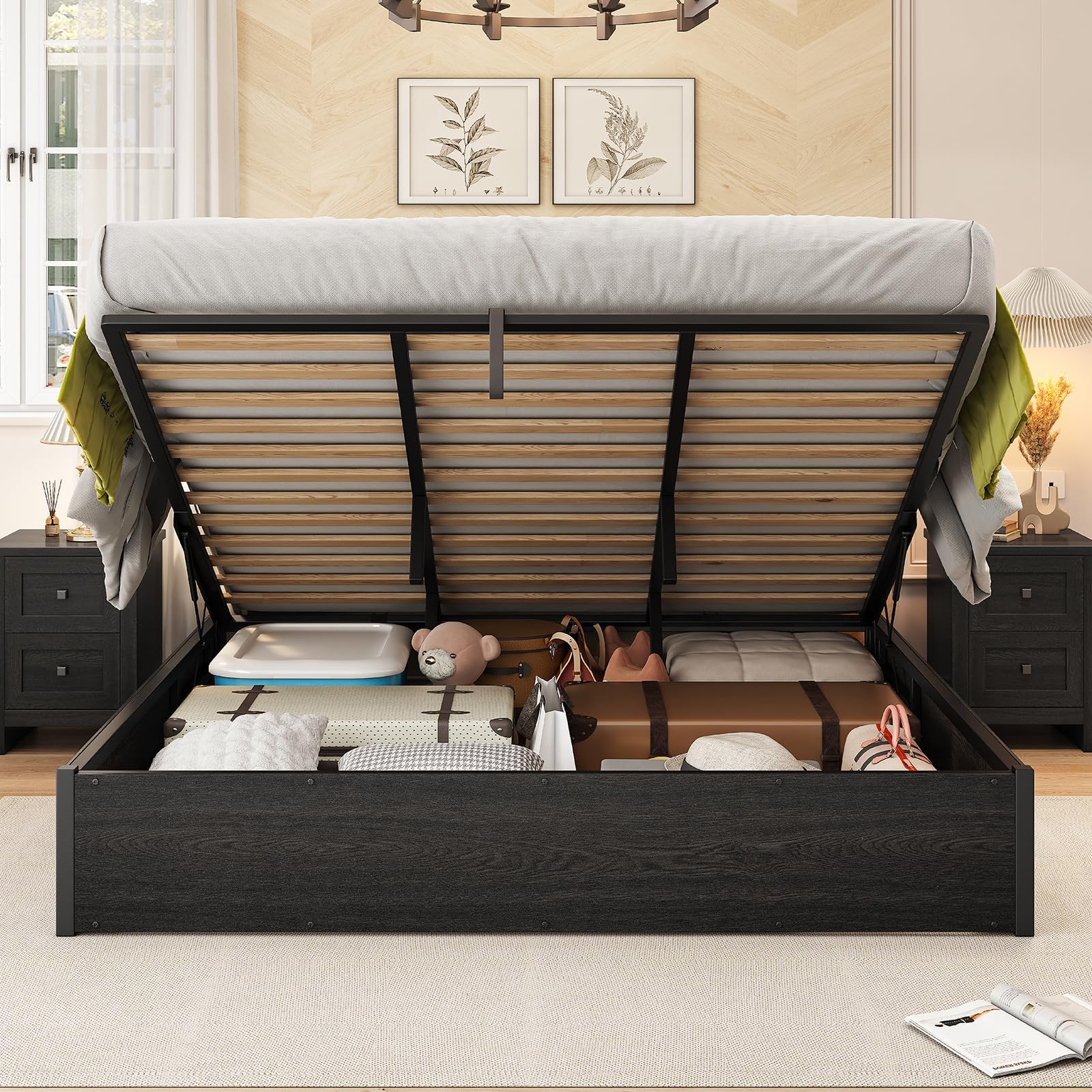AMERLIFE Lift Up Storage Bed, King Bed Frame with Storage Underneath, Wooden Platform Bed Frame, Solid Wood Slats Support, No Fixed Headboard, No Box Spring Needed, Dark Oak