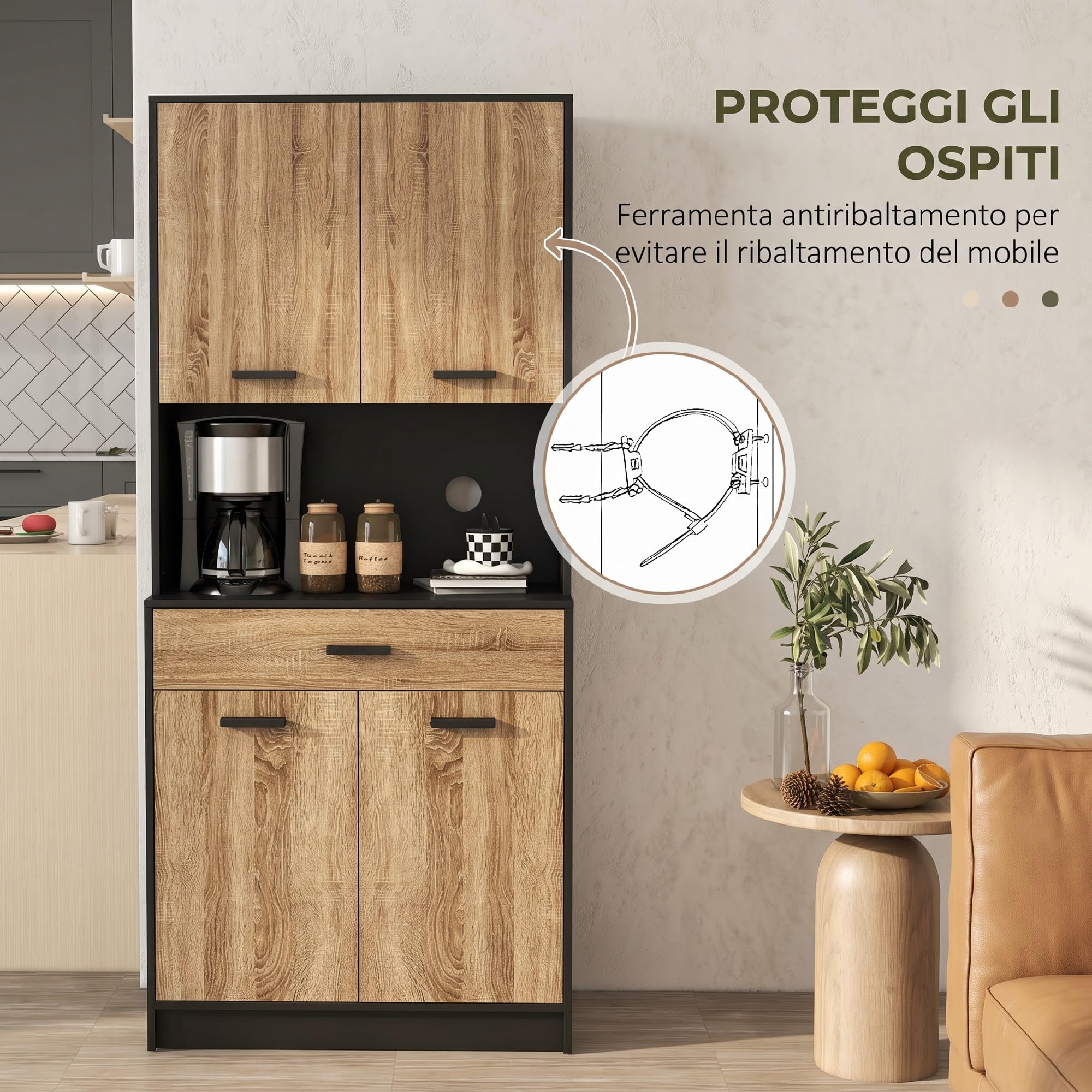 HOMCOM Credenza Cucina 180 cm Mobile da Cucina con Ante Soft Close, Dispensa con Piano Portamicroonde e Foro Passacavi, Cassetto, Ripiani Regolabili, Nero e Color Legno