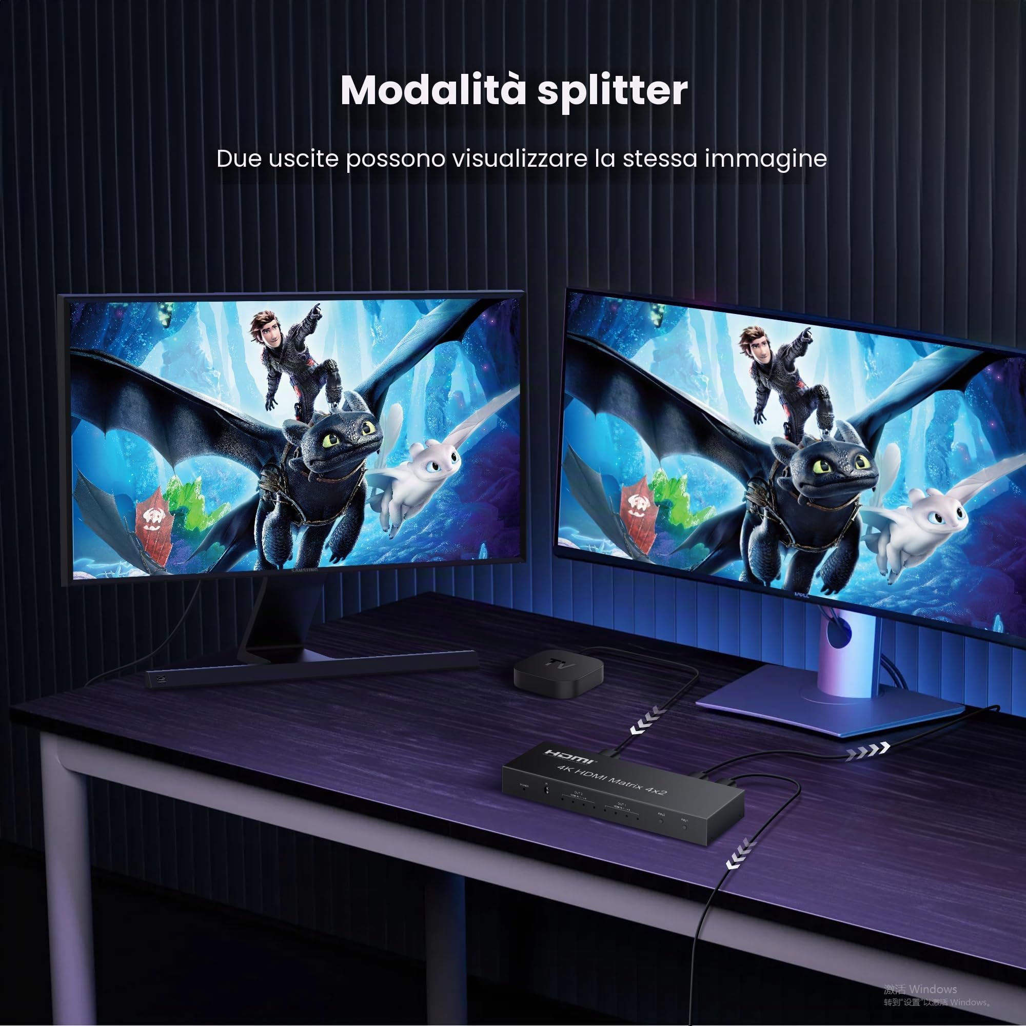 4x2 HDMI Matrix Switch,4 in 2 Out Matrix HDMI Video Switcher Splitter + Optical & L/R 3.5mm Output, Supporto Ultra HD 4K x 2K, 3D 1080P, Estrattore Audio EDID con telecomando IR