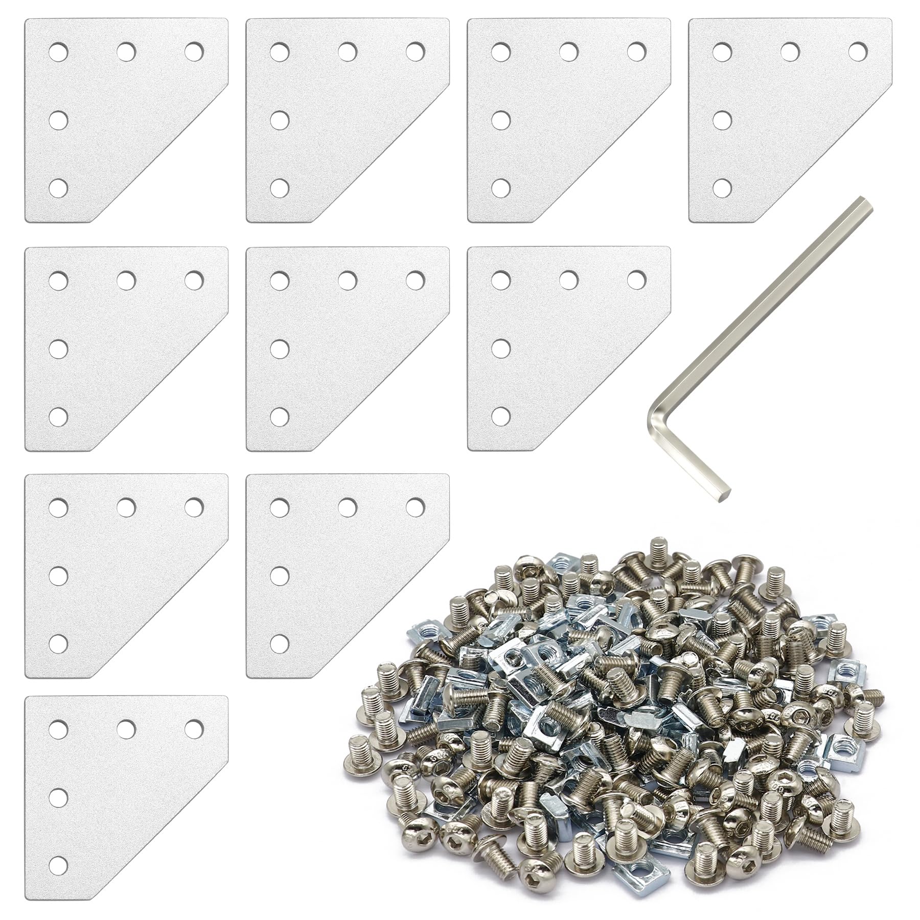 Pack of 10 Silver L-Shaped Corner Bracket Connection Plate with 50 Pieces M5 T Nuts + 50 Pieces M5 Screws + 1 Piece Wrench for Standard Aluminium Extrusion Profile with 6 mm Slot 2020