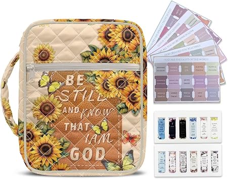 Bible Cover Case for Women Sunflower Butterfly Print Large Quilted Bible Carrying Case with Handle Laminated Book Tabs and Magnetic Bookmards Study Supplies