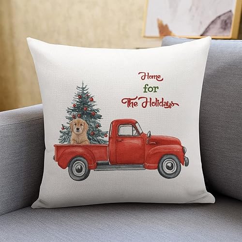 Cojines Decorativos para Sala Home for The Holidays Pillow Case Dogs On The Red Truck Decorations Pillow Covers with Hidden Zipper Design Decoration