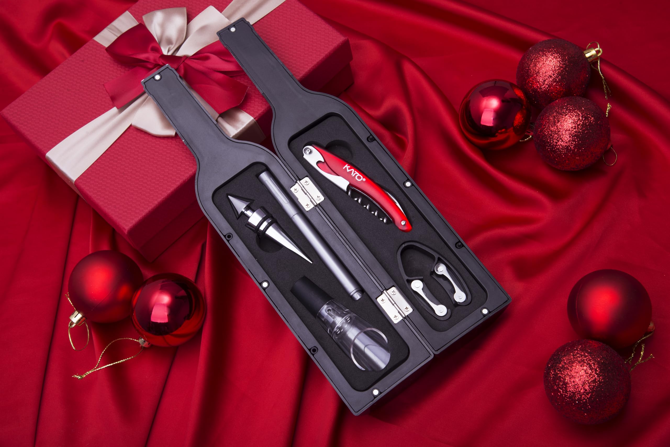 Kato Wine Cavatappi, Kit apribottiglie per vino, Set di accessori per vino, 5 pezzi, Regalo di San Valentino perfetto per amanti del vino e bevitori, Argento