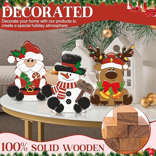 Miniatura 3 de 3 piezas de decoración de mesa de madera de Navidad, muñeco de nieve, reno, Papá Noel, centro de mesa, bandeja escalonada de madera para oficina,
