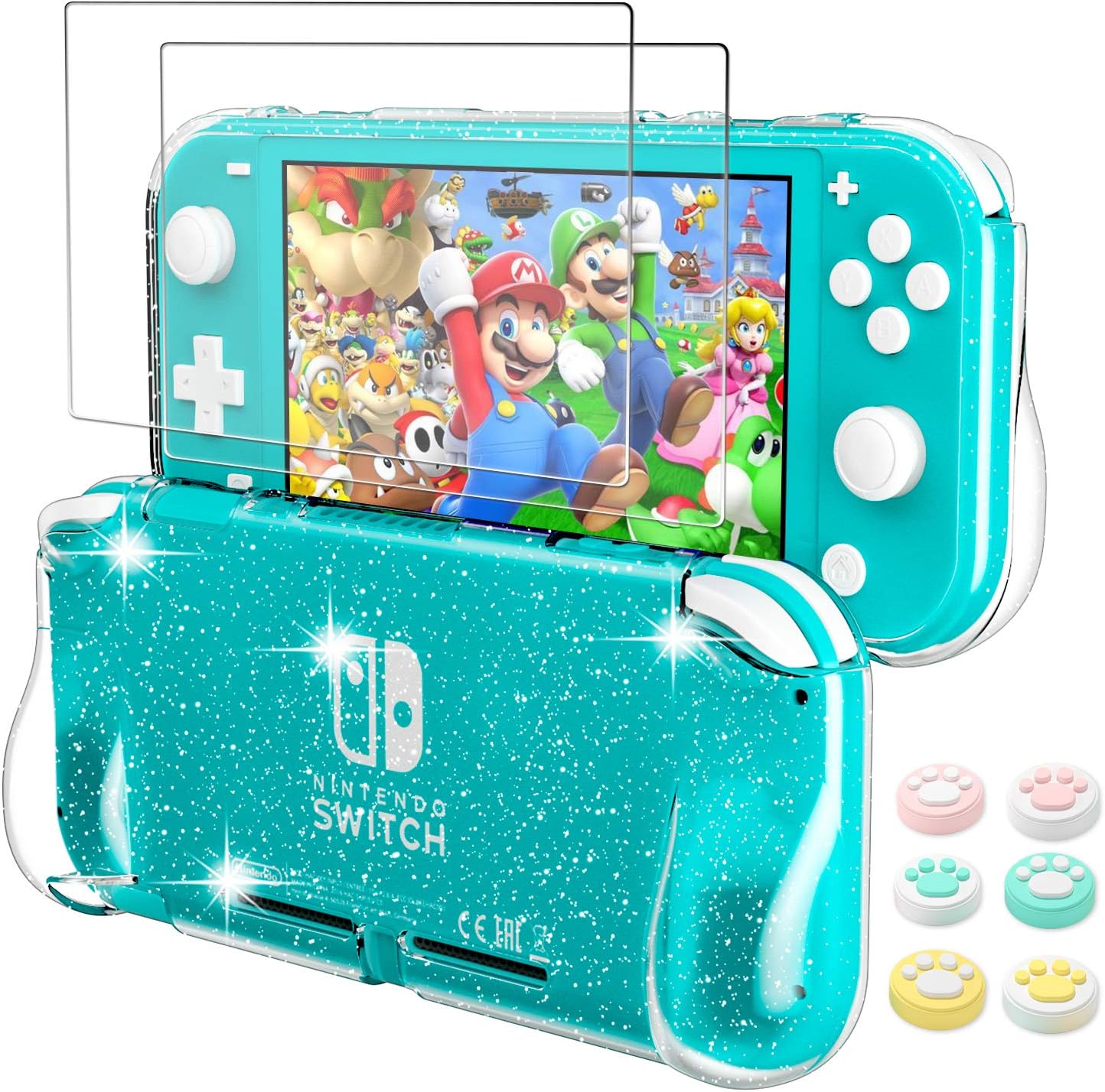 Shadowin Protective Case Compatible with Nintendo Switch Lite, Soft TPU Cover with 2-Pack Screen Protector 6 Pcs Thumb Grips Protective Case - Glitter