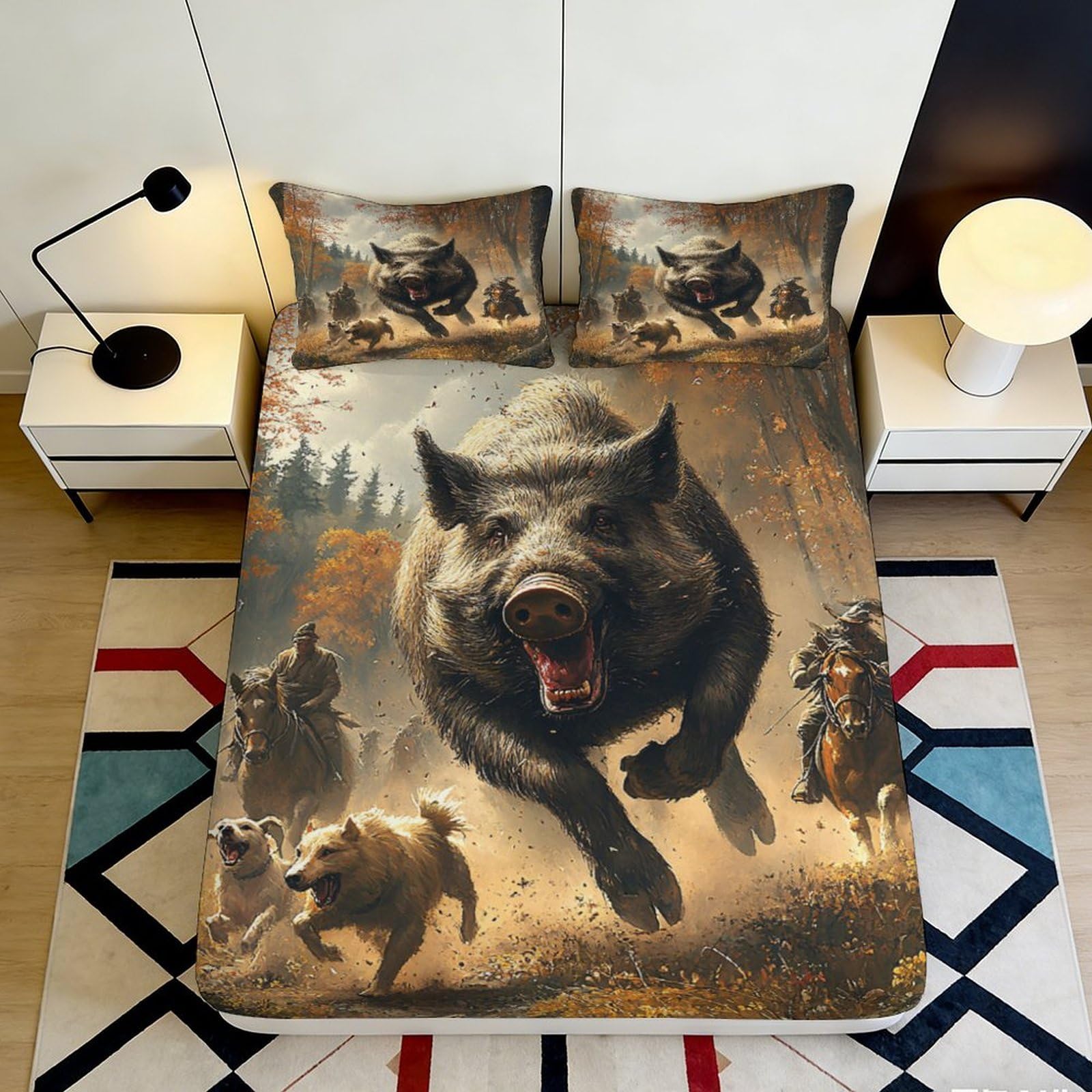 3D Printed Wild Boar Hunting Fitted Sheet Microfiber Durable Soft Printed Forest Bed Cover for Bedroom Dormitory Guest Room Mattress Protection Decor 140x200x25cm