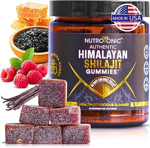 NutroTonic Gomitas Shilajit orgánicas del Himalaya Sabor a vainilla de frambuesa orgánica Shilajit para hombres y mujeres Miel de Manuka