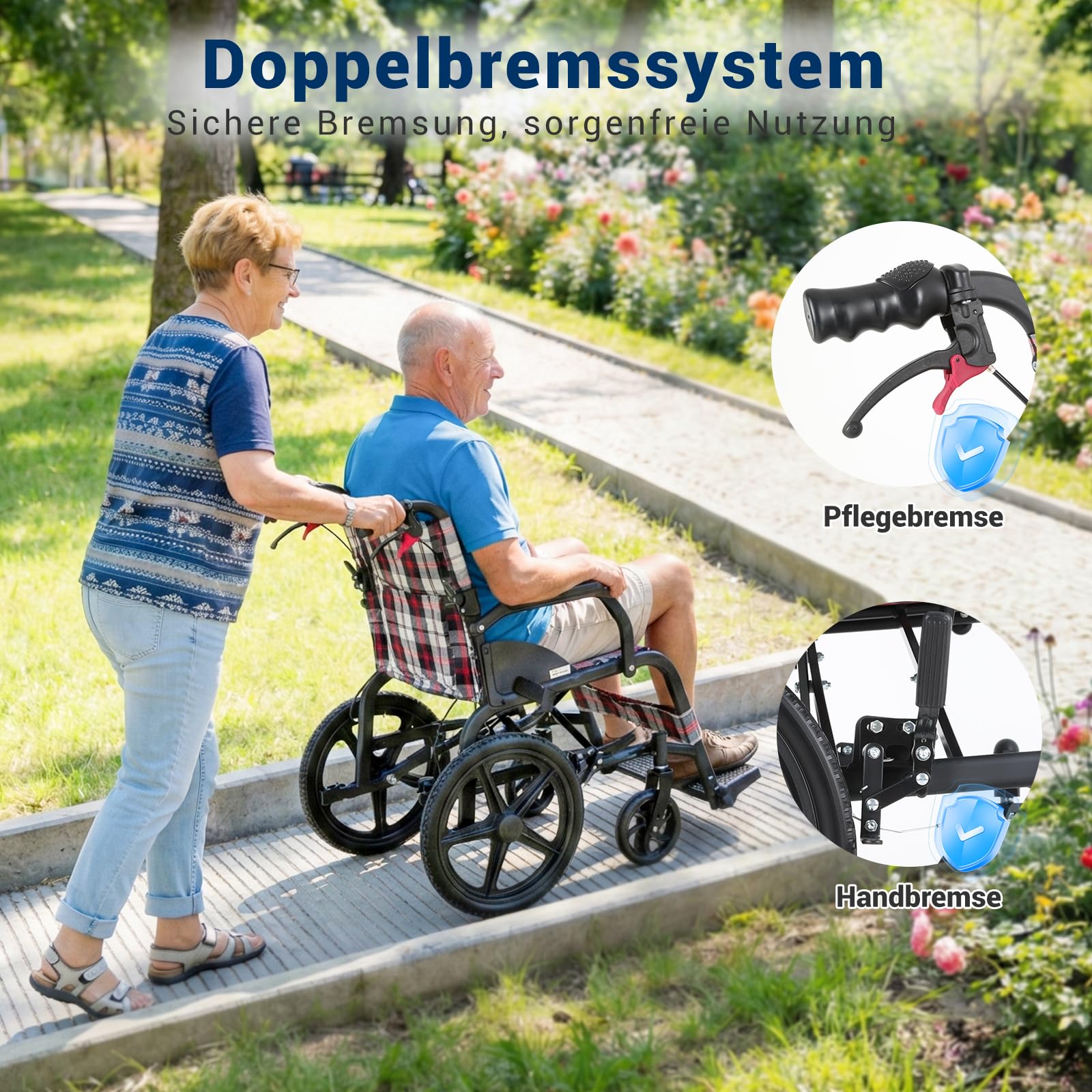 Care-Parents Transportrollstuhl Faltbar Leicht (11kg), Aluminium Rollstuhl mit 16 Zoll Hinterrädern & Pannensichere Bereifung, 45cm Sitzbreite, Doppelbremse & Sicherheitsgurt, für Senioren (CP-30A6N)