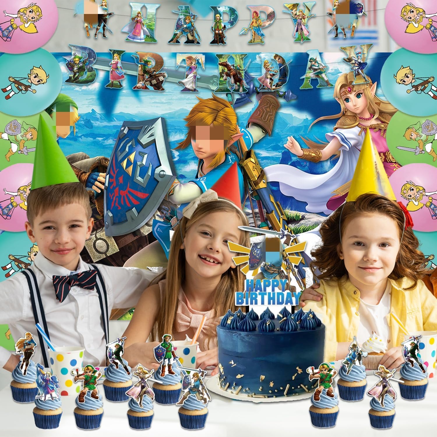 42pcs Zeldas Birthday Party Supplies Pack Includes，Banner，Cake Topper，Blackdrop,Balloons for Zeldas party supplies