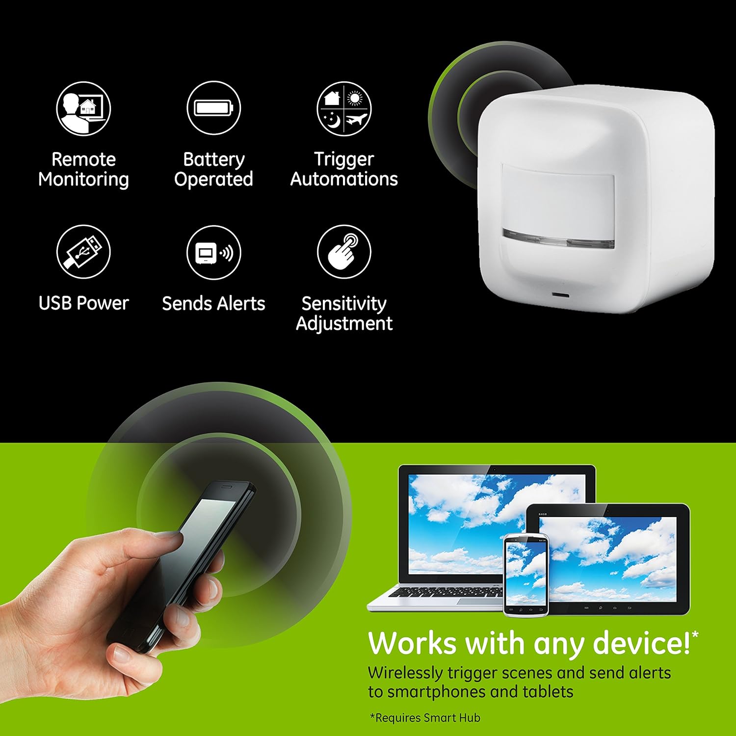 GE Enbrighten Z-Wave Plus Smart Motion Sensor, Table, Shelf, or Wall Mount, On/Off after No Motion is Detected, 180 Degree Detection Range, Scene Activation, Works with SmartThings, Wink, 34193