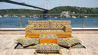Yellow 8" Thickness Floor Couch, Meditation Yoga Loveseat, Sectional Sofa, Arabic Majilis, Healing Room Floor Cushion, Sofa Covers (Sofa + Ottoman + Pillows)