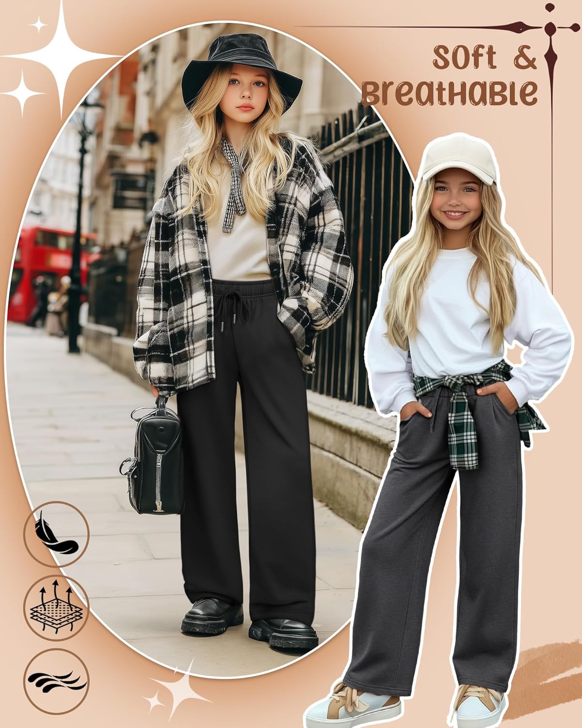 3 Pack Girls' Sweatpants Wide Leg Drawstring Casual Kids Joggers Open Bottom Loose Solid Teen Pants with Pockets - Image 5