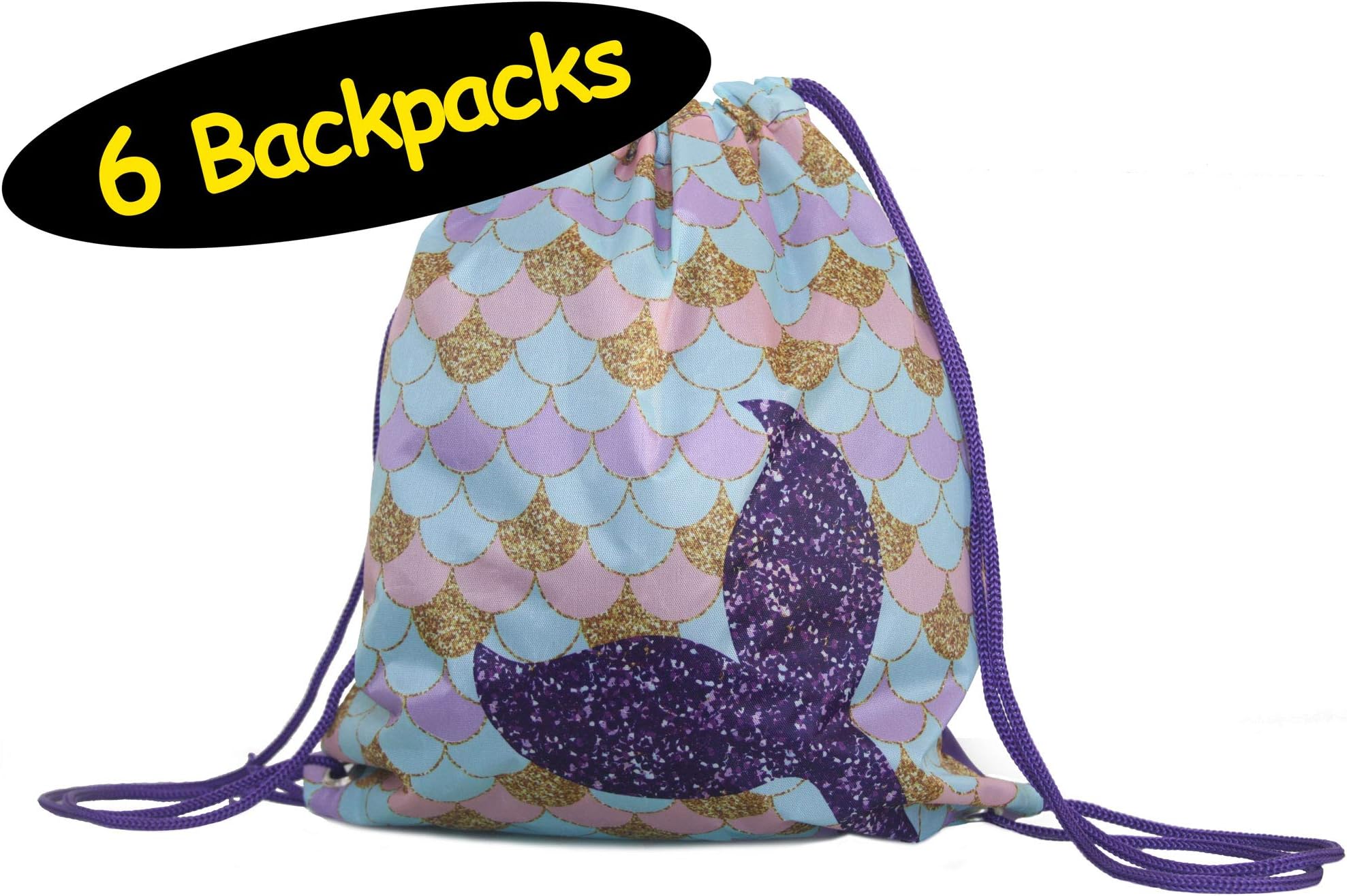 Think Green FunMermaid Party Favor Drawstring Backpacks Goodie Bags, 6-Pack, 12x14 inches