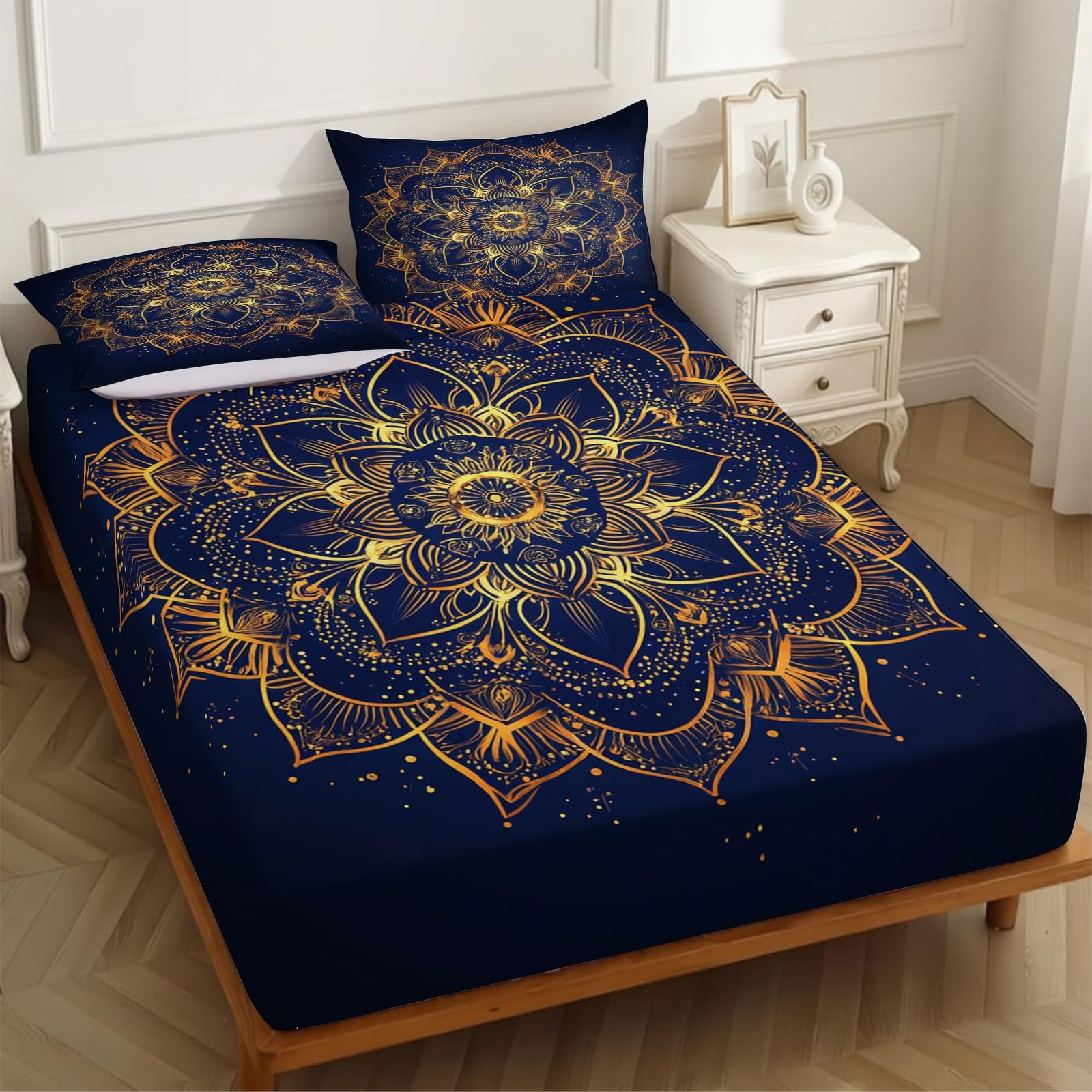 Lenzuolo con Angoli 180 x 200 cm Microfibra Mandala astratto Lenzuolo Sotto Elasticizzato Profondo 25 cm giallo per Letto Singolo e Matrimoniale
